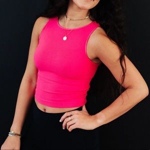 Comfort Cove Ribbed High Neck Crop Tank, Hot Pink, One Size